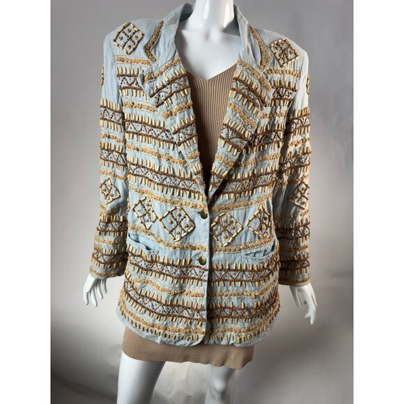 Sandy Starkman Chambray Embroidered Wood Beaded Cotton Jacket Vintage Size Large - Picture 11 of 16
